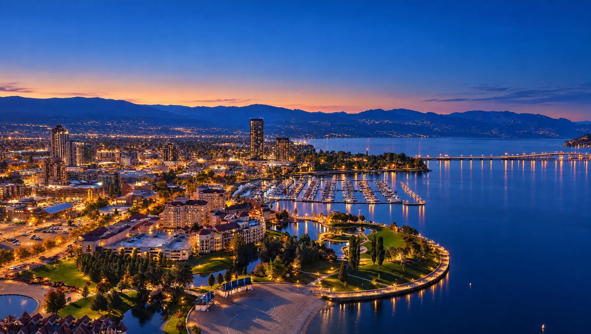 Downtown Kelowna and the Okanagan Lake waterfront at blue hour