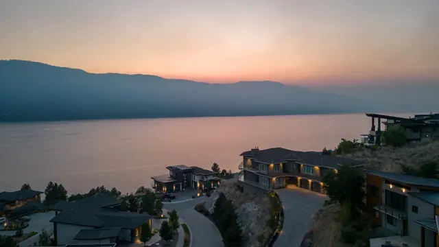 Lake view sunset, luxury lake-view home in Lakestone, Lake Country, BC. Real estate photography by Pixel Pro Productions.