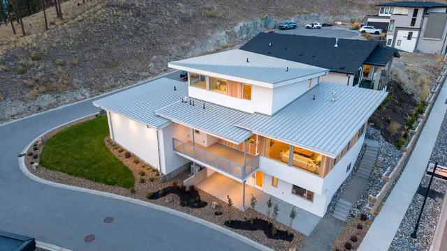 Aerial view, modern new build in McKinley Beach, Kelowna, BC. Real estate photography by Pixel Pro Productions.