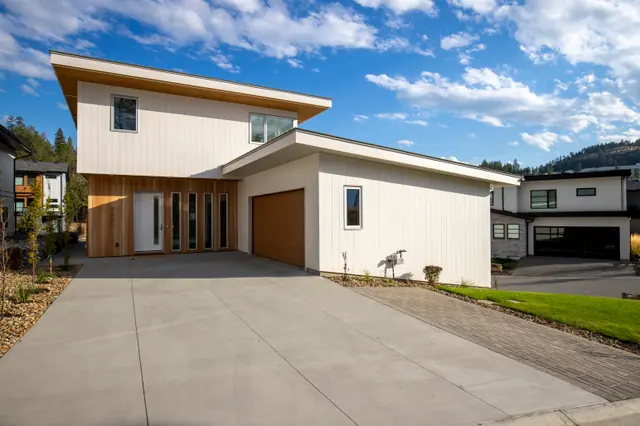 Front exterior, modern new build in McKinley Beach, Kelowna, BC. Real estate photography by Pixel Pro Productions.