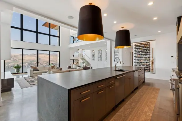 Kitchen island, luxury hillside estate in Vernon, BC. Real estate photography by Pixel Pro Productions.