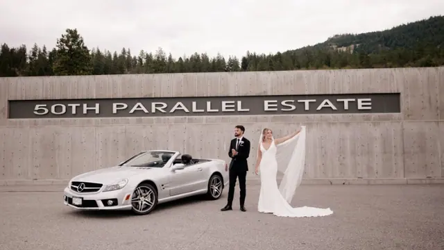 Vintage car: Emily & Connor's wedding at 50th Parallel Estate, Lake Country. Still from the Pixel Pro wedding film.