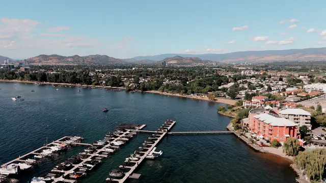 Aerial manteo marina: Bronte & Brett's wedding at Manteo Resort, Kelowna. Still from the Pixel Pro wedding film.