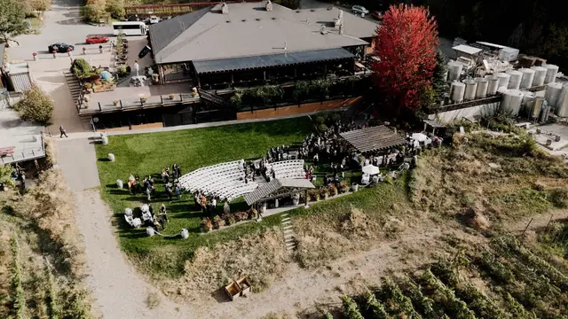 Aerial ceremony: Shivaun & Gage's wedding at Summerhill Pyramid Winery, Kelowna. Still from the Pixel Pro wedding film.