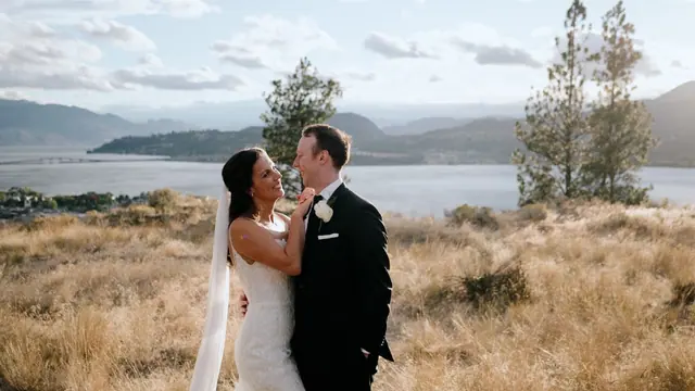 Couple lake view: Shivaun & Gage's wedding at Summerhill Pyramid Winery, Kelowna. Still from the Pixel Pro wedding film.
