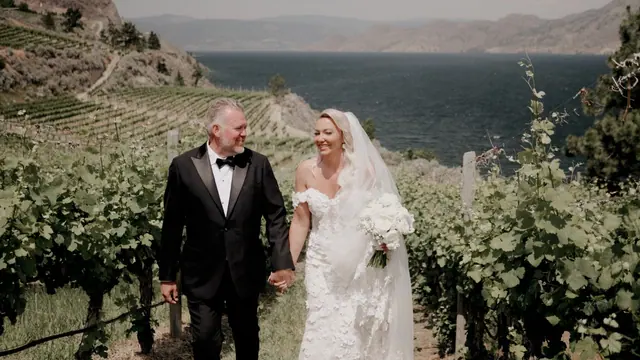 Vineyard walk: Laurie & Brad's wedding at Vows and Vines, Summerland. Still from the Pixel Pro wedding film.