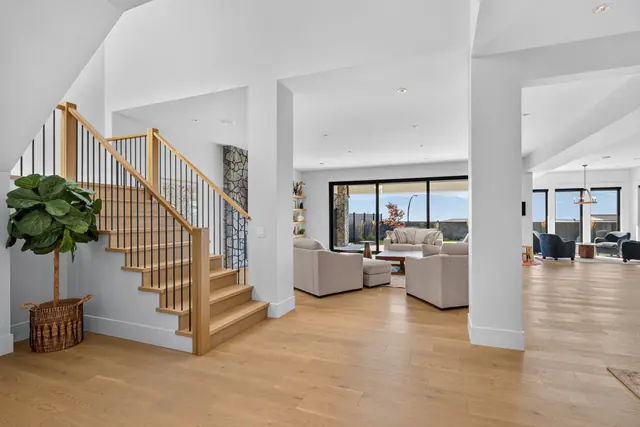 Great room, modern farmhouse new build in West Kelowna, BC. Real estate photography by Pixel Pro Productions.