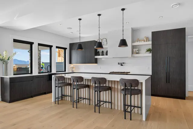 Kitchen island, modern farmhouse new build in West Kelowna, BC. Real estate photography by Pixel Pro Productions.