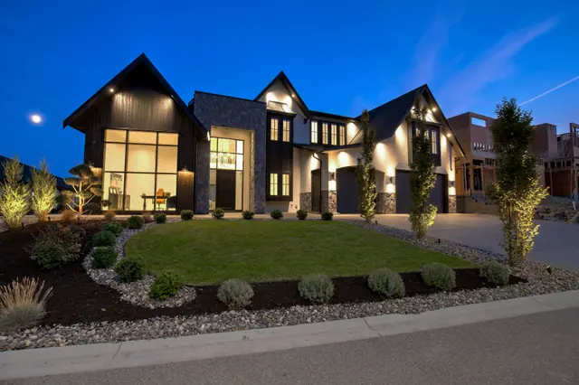 Twilight exterior 2, modern farmhouse new build in West Kelowna, BC. Real estate photography by Pixel Pro Productions.